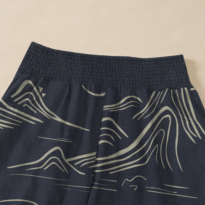 Buddha Stones Pantaloni harem da donna in cotone con motivo montagne, luna e nuvole propiziatorie, vita elasticizzata e pieghe, con tasche. - image 4