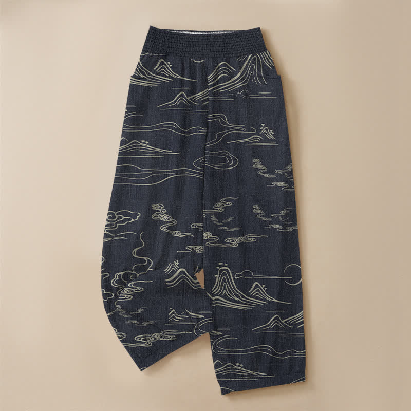 Buddha Stones Pantaloni harem da donna in cotone con motivo montagne, luna e nuvole propiziatorie, vita elasticizzata e pieghe, con tasche. - image 3