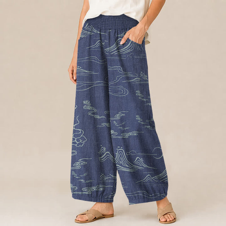 Buddha Stones Pantaloni harem da donna in cotone con motivo montagne, luna e nuvole propiziatorie, vita elasticizzata e pieghe, con tasche. - image 7