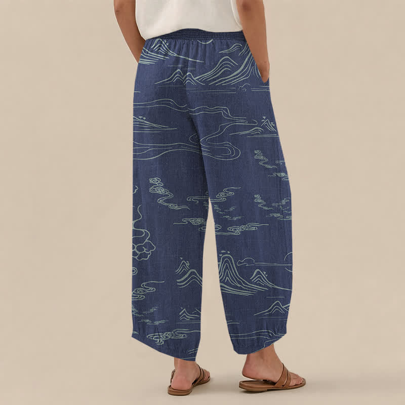 Buddha Stones Pantaloni harem da donna in cotone con motivo montagne, luna e nuvole propiziatorie, vita elasticizzata e pieghe, con tasche. - image 8