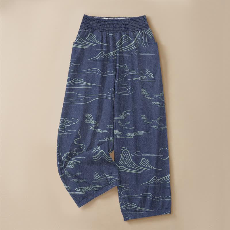 Buddha Stones Pantaloni harem da donna in cotone con motivo montagne, luna e nuvole propiziatorie, vita elasticizzata e pieghe, con tasche. - image 9