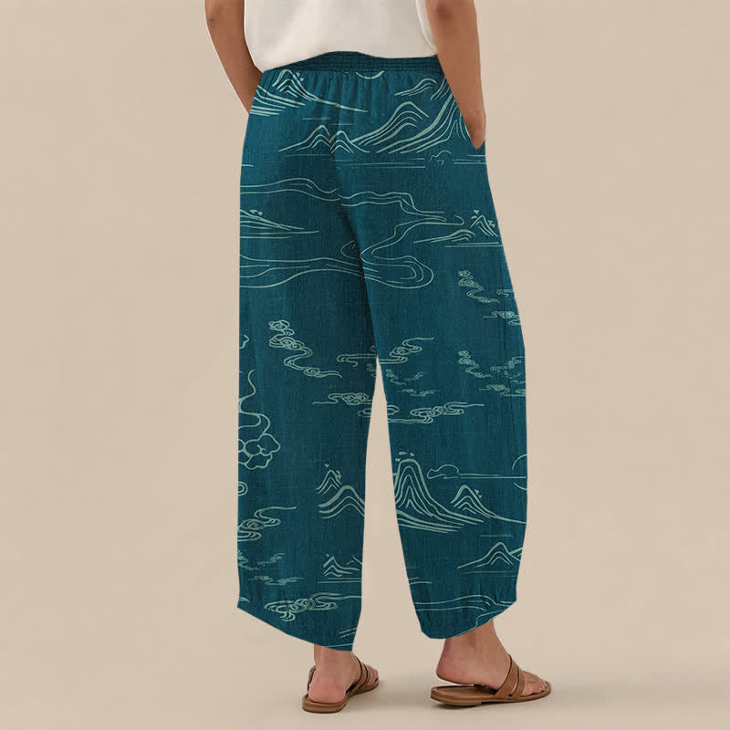 Buddha Stones Pantaloni harem da donna in cotone con motivo montagne, luna e nuvole propiziatorie, vita elasticizzata e pieghe, con tasche. - image 12