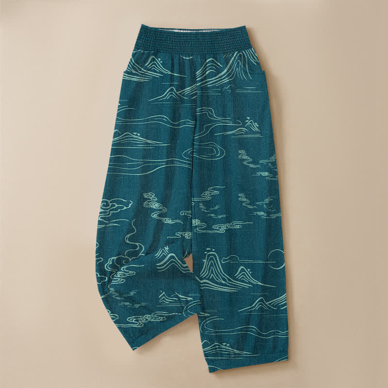 Buddha Stones Pantaloni harem da donna in cotone con motivo montagne, luna e nuvole propiziatorie, vita elasticizzata e pieghe, con tasche. - image 13