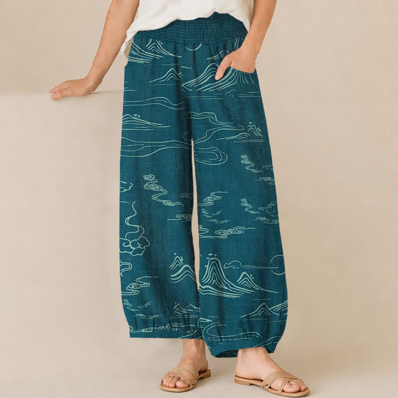 Buddha Stones Pantaloni harem da donna in cotone con motivo montagne, luna e nuvole propiziatorie, vita elasticizzata e pieghe, con tasche. - Verde acqua - US16, UK/AU20, EU48 (3XL) - image 10