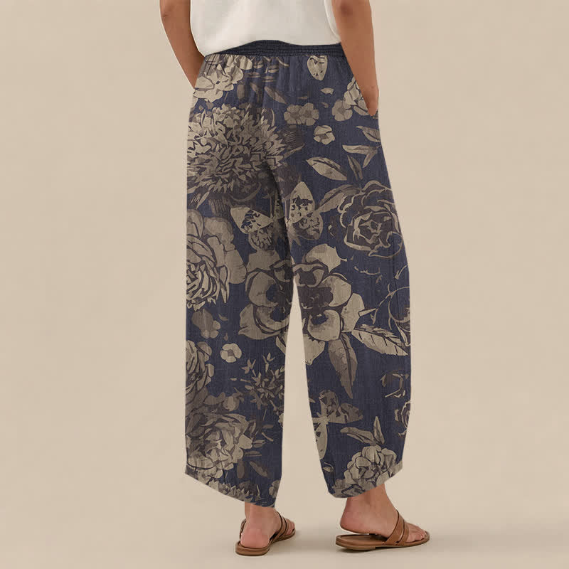 Buddha Stones Pantaloni harem da donna in cotone vintage con motivo floreale di peonia e foglie, plissettati e vita elasticizzata, con tasche. - image 2