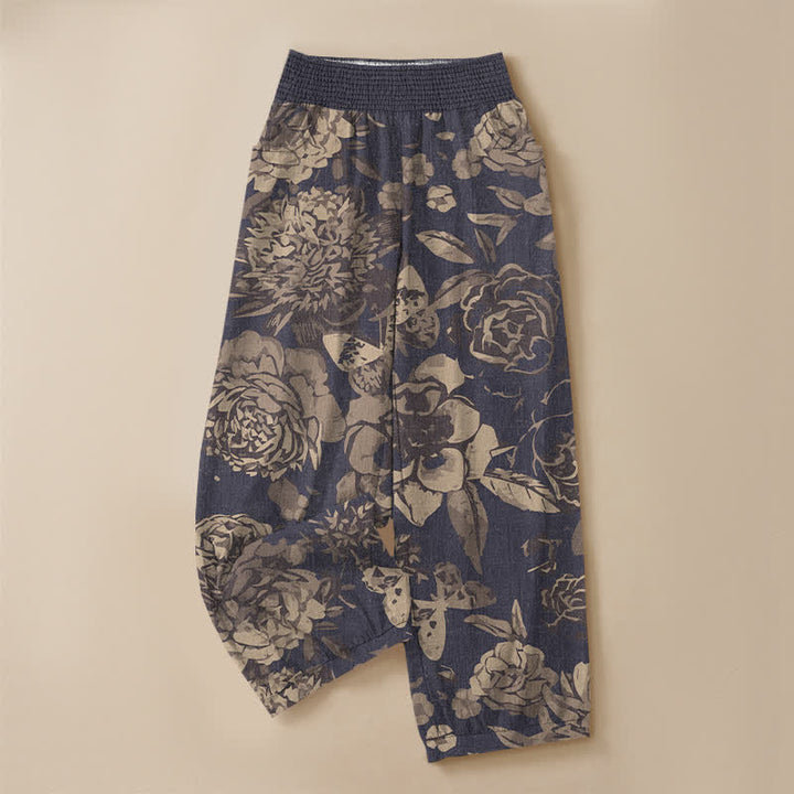 Buddha Stones Pantaloni harem da donna in cotone vintage con motivo floreale di peonia e foglie, plissettati e vita elasticizzata, con tasche. - image 3
