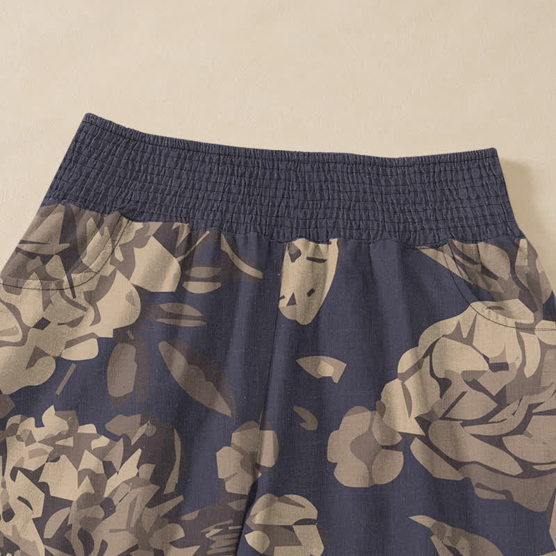 Buddha Stones Pantaloni harem da donna in cotone vintage con motivo floreale di peonia e foglie, plissettati e vita elasticizzata, con tasche. - image 4