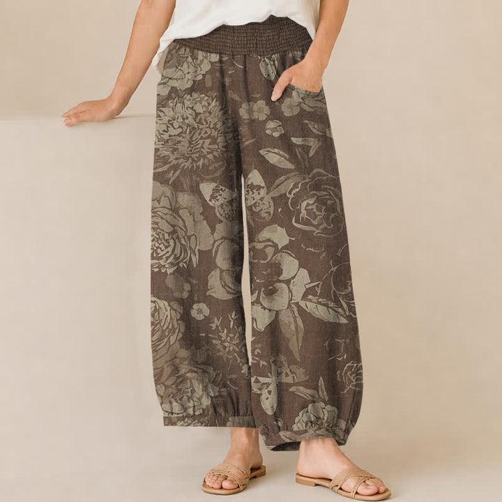 Buddha Stones Pantaloni harem da donna in cotone vintage con motivo floreale di peonia e foglie, plissettati e vita elasticizzata, con tasche. - Marrone sella - US16, UK/AU20, EU48 (3XL) - image 6
