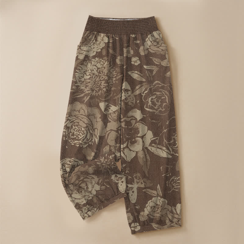 Buddha Stones Pantaloni harem da donna in cotone vintage con motivo floreale di peonia e foglie, plissettati e vita elasticizzata, con tasche. - image 9