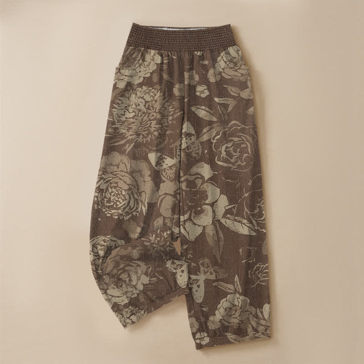 Buddha Stones Pantaloni harem da donna in cotone vintage con motivo floreale di peonia e foglie, plissettati e vita elasticizzata, con tasche. - image 9