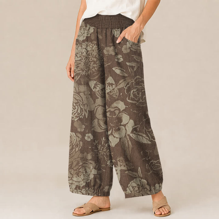 Buddha Stones Pantaloni harem da donna in cotone vintage con motivo floreale di peonia e foglie, plissettati e vita elasticizzata, con tasche. - image 7