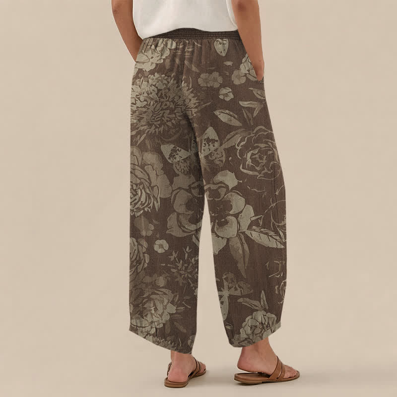 Buddha Stones Pantaloni harem da donna in cotone vintage con motivo floreale di peonia e foglie, plissettati e vita elasticizzata, con tasche. - image 8