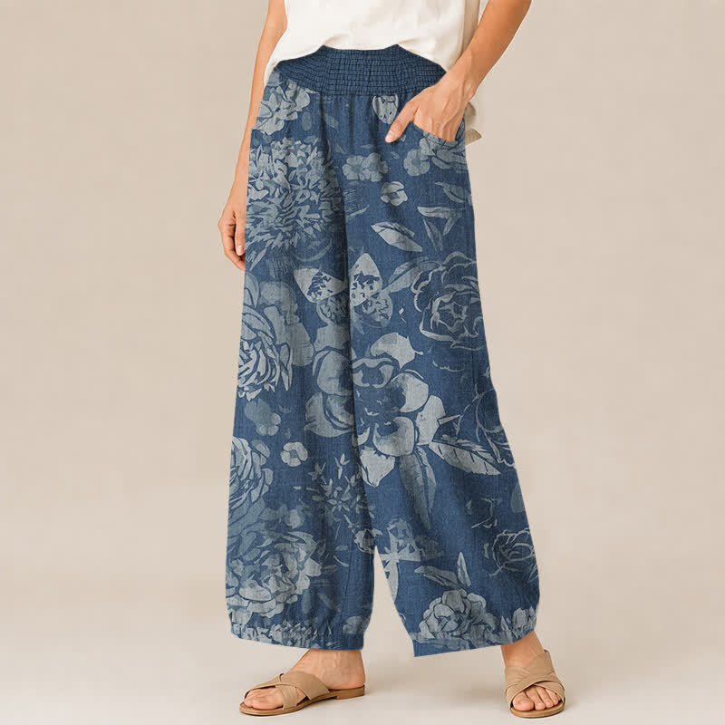 Buddha Stones Pantaloni harem da donna in cotone vintage con motivo floreale di peonia e foglie, plissettati e vita elasticizzata, con tasche. - image 11