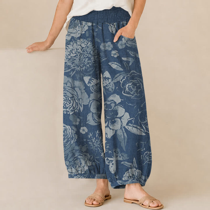 Buddha Stones Pantaloni harem da donna in cotone vintage con motivo floreale di peonia e foglie, plissettati e vita elasticizzata, con tasche. - SteelBlue - US16, UK/AU20, EU48 (3XL) - image 10