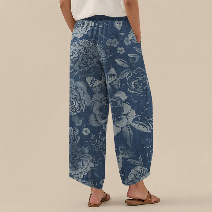 Buddha Stones Pantaloni harem da donna in cotone vintage con motivo floreale di peonia e foglie, plissettati e vita elasticizzata, con tasche. - image 12