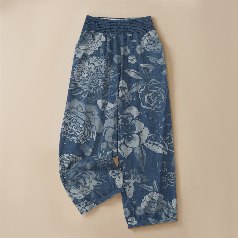 Buddha Stones Pantaloni harem da donna in cotone vintage con motivo floreale di peonia e foglie, plissettati e vita elasticizzata, con tasche. - image 13