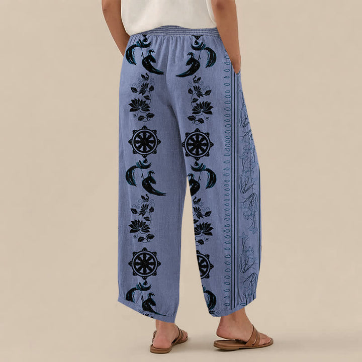 Buddha Stones Pantaloni harem da donna in cotone con motivo ruota del Dharma e loto OM, plissettati, con elastico in vita e tasche. - image 2