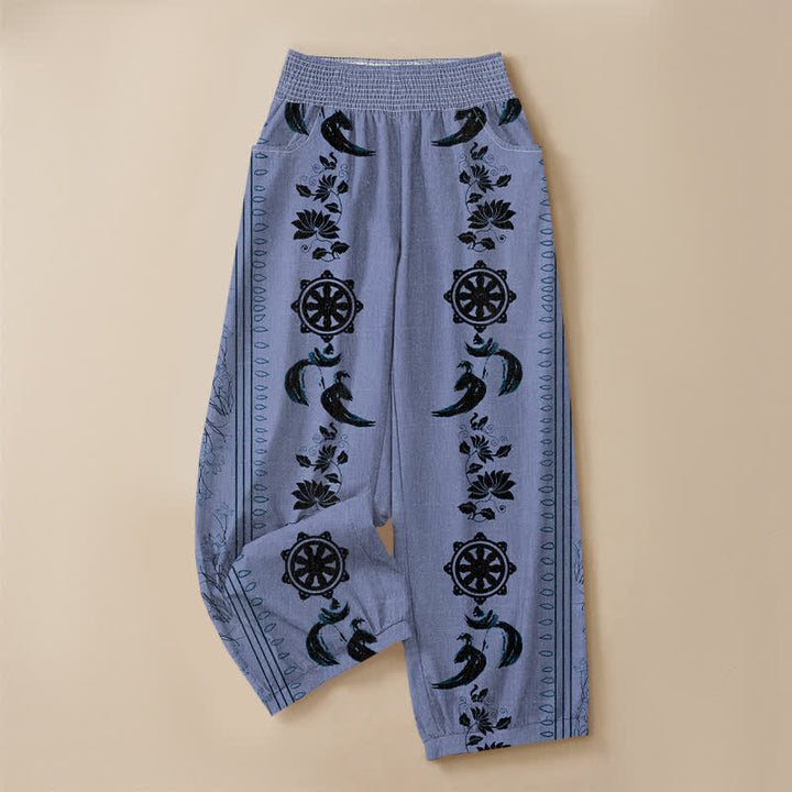 Buddha Stones Pantaloni harem da donna in cotone con motivo ruota del Dharma e loto OM, plissettati, con elastico in vita e tasche. - image 3