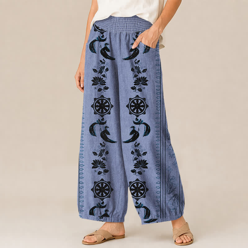 Buddha Stones Pantaloni harem da donna in cotone con motivo ruota del Dharma e loto OM, plissettati, con elastico in vita e tasche. - image 1