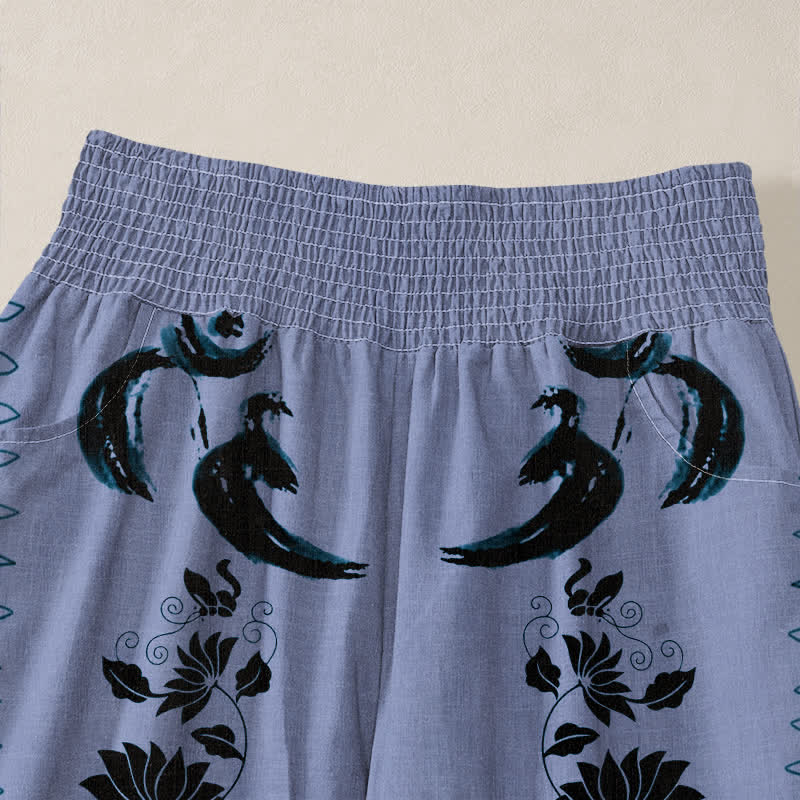 Buddha Stones Pantaloni harem da donna in cotone con motivo ruota del Dharma e loto OM, plissettati, con elastico in vita e tasche. - image 4
