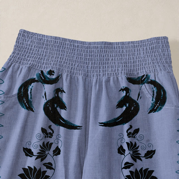 Buddha Stones Pantaloni harem da donna in cotone con motivo ruota del Dharma e loto OM, plissettati, con elastico in vita e tasche. - image 4