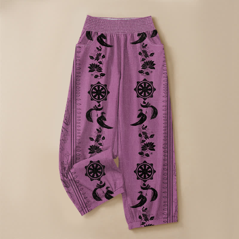 Buddha Stones Pantaloni harem da donna in cotone con motivo ruota del Dharma e loto OM, plissettati, con elastico in vita e tasche. - image 9
