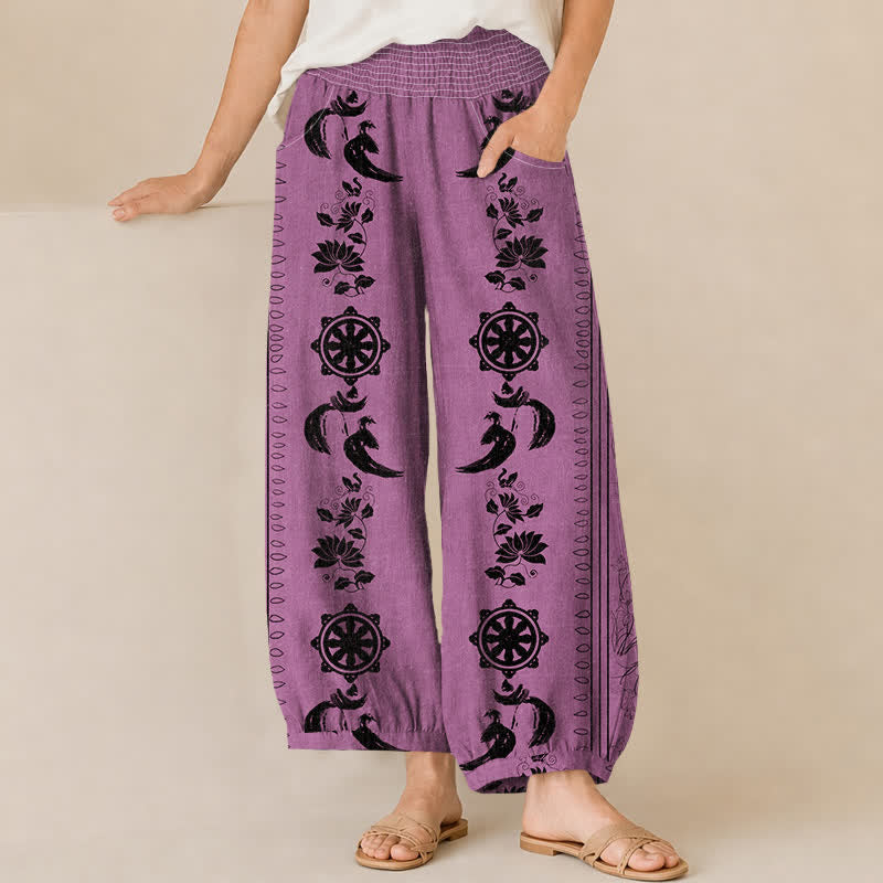 Buddha Stones Pantaloni harem da donna in cotone con motivo ruota del Dharma e loto OM, plissettati, con elastico in vita e tasche. - Orchidea media - US16, UK/AU20, EU48 (3XL) - image 6