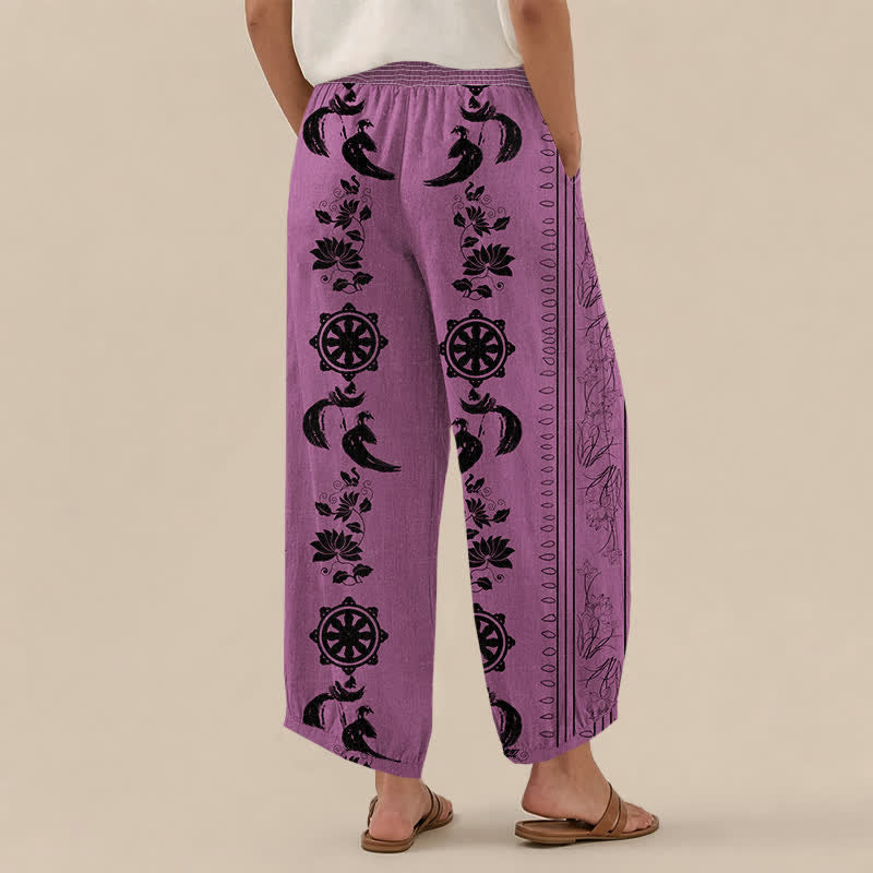 Buddha Stones Pantaloni harem da donna in cotone con motivo ruota del Dharma e loto OM, plissettati, con elastico in vita e tasche. - image 8