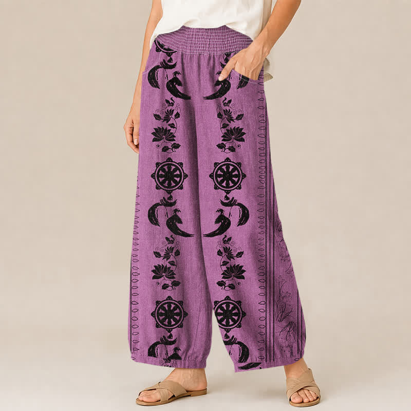 Buddha Stones Pantaloni harem da donna in cotone con motivo ruota del Dharma e loto OM, plissettati, con elastico in vita e tasche. - image 7