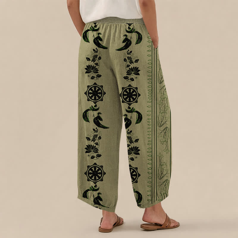 Buddha Stones Pantaloni harem da donna in cotone con motivo ruota del Dharma e loto OM, plissettati, con elastico in vita e tasche. - image 12