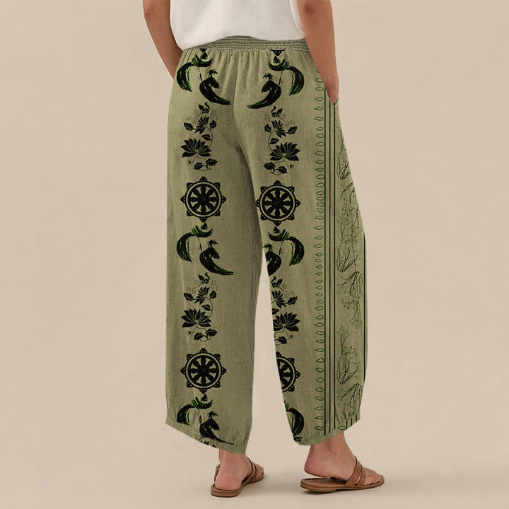 Buddha Stones Pantaloni harem da donna in cotone con motivo ruota del Dharma e loto OM, plissettati, con elastico in vita e tasche. - image 12