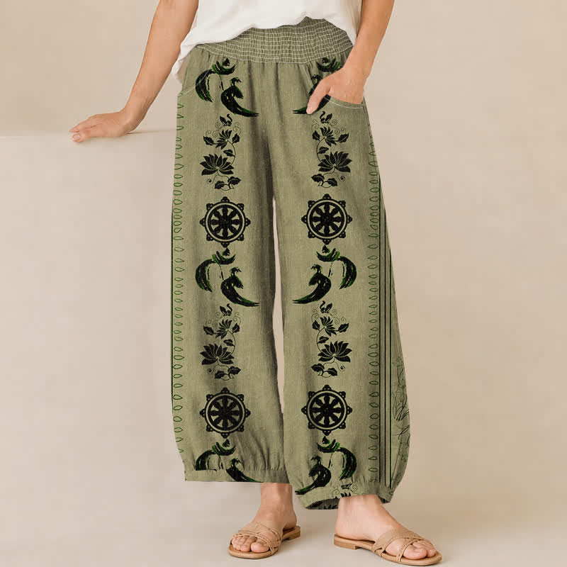 Buddha Stones Pantaloni harem da donna in cotone con motivo ruota del Dharma e loto OM, plissettati, con elastico in vita e tasche. - Verde oliva - US16, UK/AU20, EU48 (3XL) - image 10