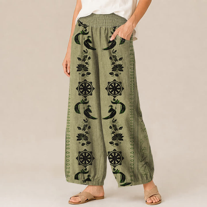 Buddha Stones Pantaloni harem da donna in cotone con motivo ruota del Dharma e loto OM, plissettati, con elastico in vita e tasche. - image 11