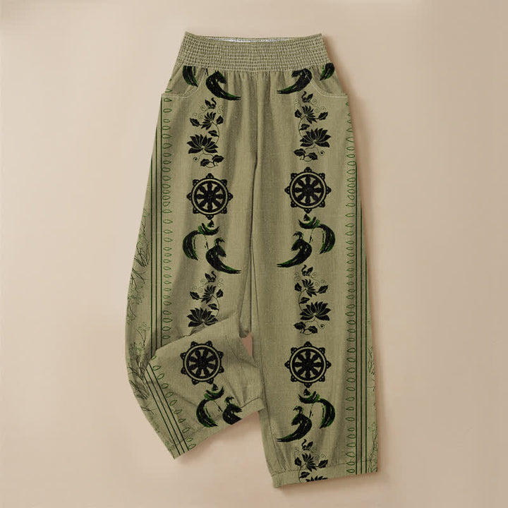 Buddha Stones Pantaloni harem da donna in cotone con motivo ruota del Dharma e loto OM, plissettati, con elastico in vita e tasche. - image 13