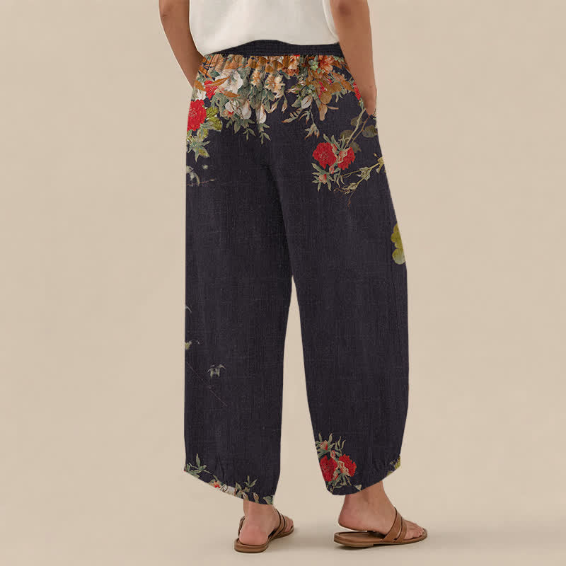 Buddha Stones Pantaloni harem da donna in cotone stile bohémien con stampa floreale rossa, pieghe e vita elasticizzata, con tasche. - image 2