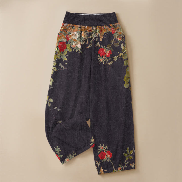 Buddha Stones Pantaloni harem da donna in cotone stile bohémien con stampa floreale rossa, pieghe e vita elasticizzata, con tasche. - image 3