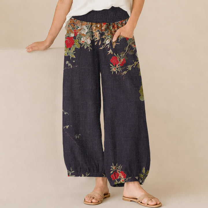 Buddha Stones Pantaloni harem da donna in cotone stile bohémien con stampa floreale rossa, pieghe e vita elasticizzata, con tasche. - Nero - US16, UK/AU20, EU48 (3XL) - image 0