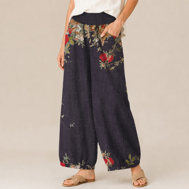 Buddha Stones Pantaloni harem da donna in cotone stile bohémien con stampa floreale rossa, pieghe e vita elasticizzata, con tasche. - image 1