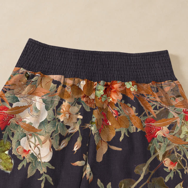 Buddha Stones Pantaloni harem da donna in cotone stile bohémien con stampa floreale rossa, pieghe e vita elasticizzata, con tasche. - image 4