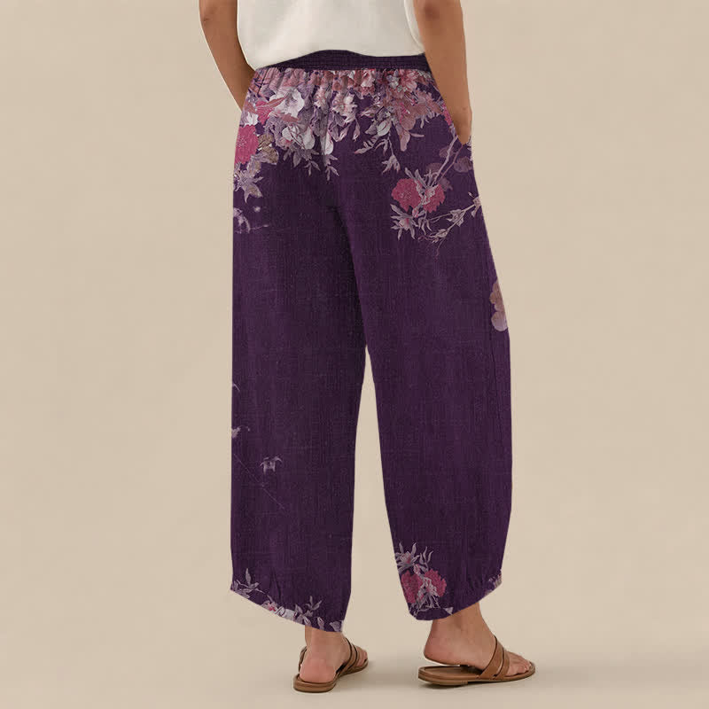 Buddha Stones Pantaloni harem da donna in cotone stile bohémien con stampa floreale rossa, pieghe e vita elasticizzata, con tasche. - image 8