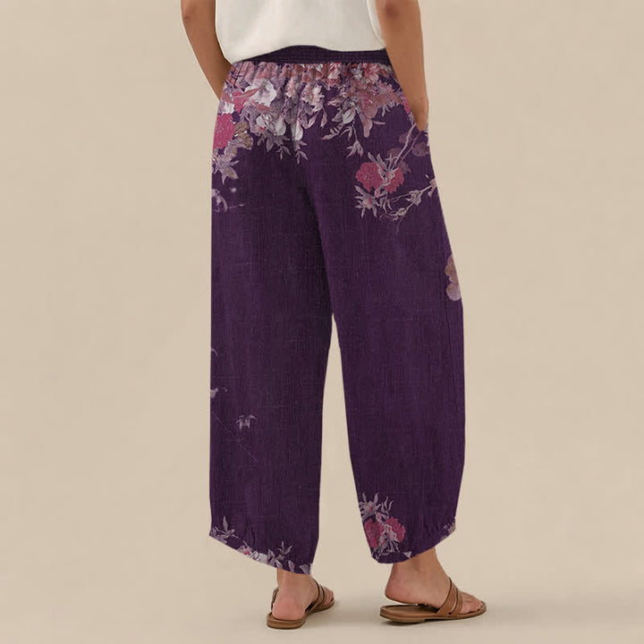 Buddha Stones Pantaloni harem da donna in cotone stile bohémien con stampa floreale rossa, pieghe e vita elasticizzata, con tasche. - image 8