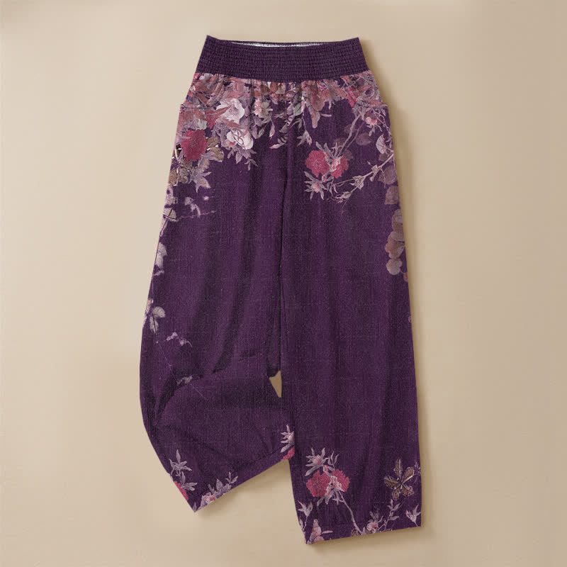 Buddha Stones Pantaloni harem da donna in cotone stile bohémien con stampa floreale rossa, pieghe e vita elasticizzata, con tasche. - image 9