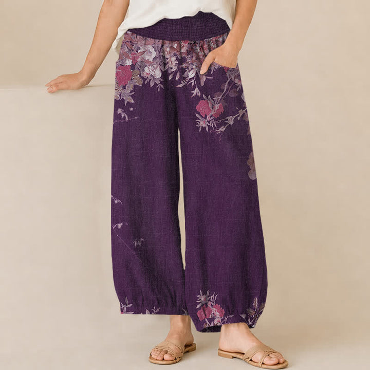 Buddha Stones Pantaloni harem da donna in cotone stile bohémien con stampa floreale rossa, pieghe e vita elasticizzata, con tasche. - Viola - US16, UK/AU20, EU48 (3XL) - image 6