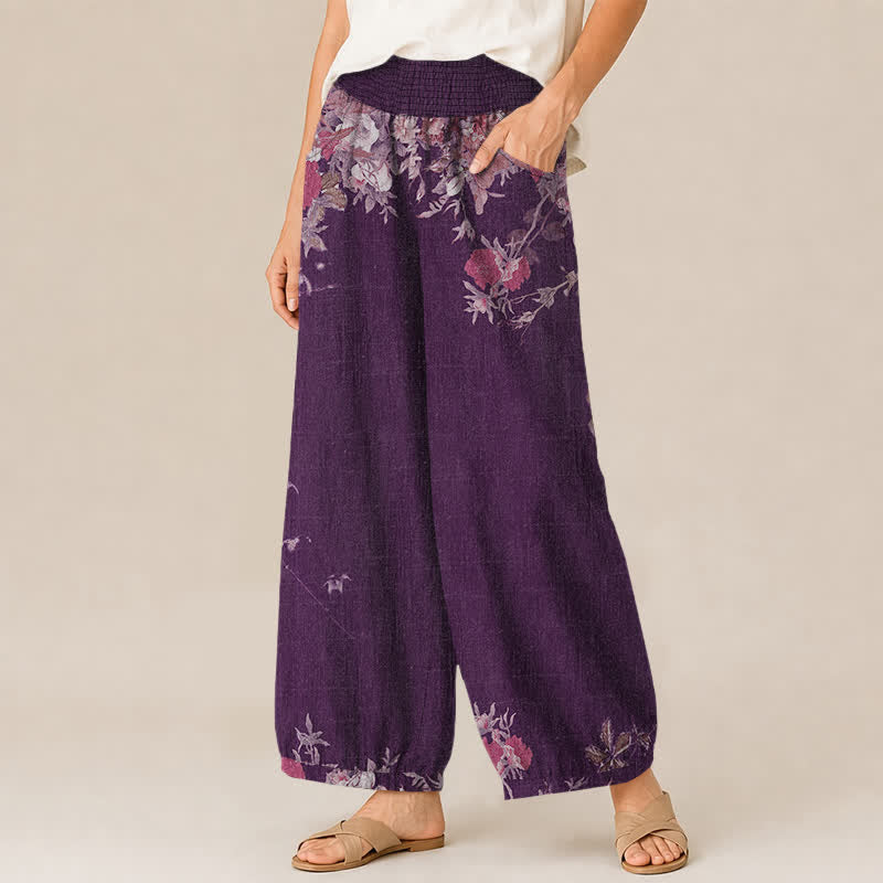Buddha Stones Pantaloni harem da donna in cotone stile bohémien con stampa floreale rossa, pieghe e vita elasticizzata, con tasche. - image 7
