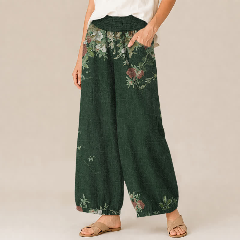 Buddha Stones Pantaloni harem da donna in cotone stile bohémien con stampa floreale rossa, pieghe e vita elasticizzata, con tasche. - image 11