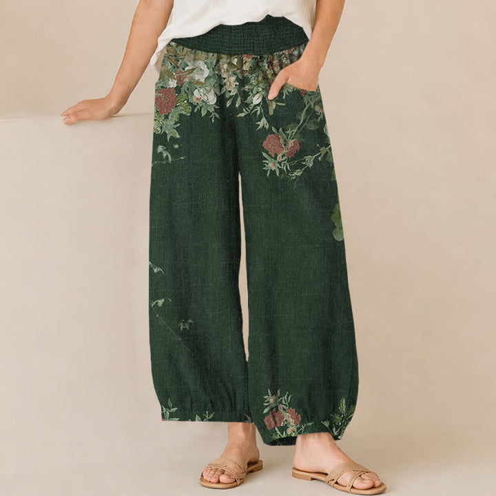 Buddha Stones Pantaloni harem da donna in cotone stile bohémien con stampa floreale rossa, pieghe e vita elasticizzata, con tasche. - Verde studentesco - US16, UK/AU20, EU48 (3XL) - image 10