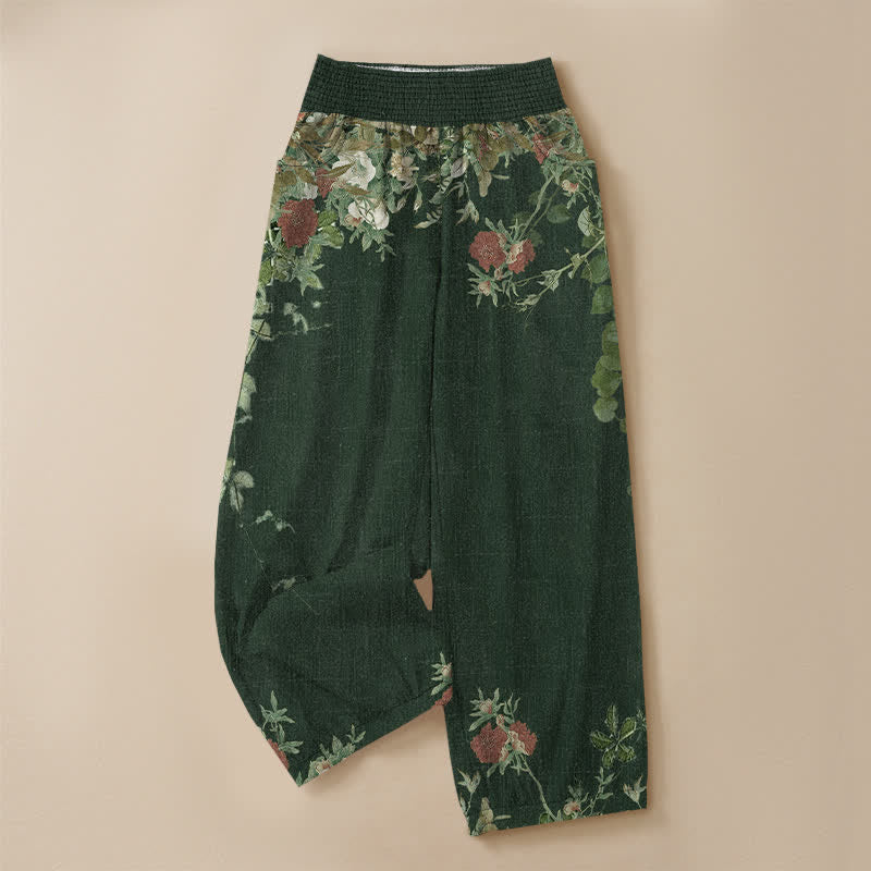 Buddha Stones Pantaloni harem da donna in cotone stile bohémien con stampa floreale rossa, pieghe e vita elasticizzata, con tasche. - image 13