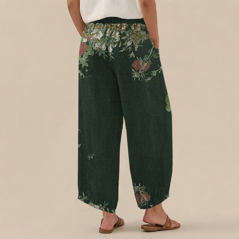Buddha Stones Pantaloni harem da donna in cotone stile bohémien con stampa floreale rossa, pieghe e vita elasticizzata, con tasche. - image 12