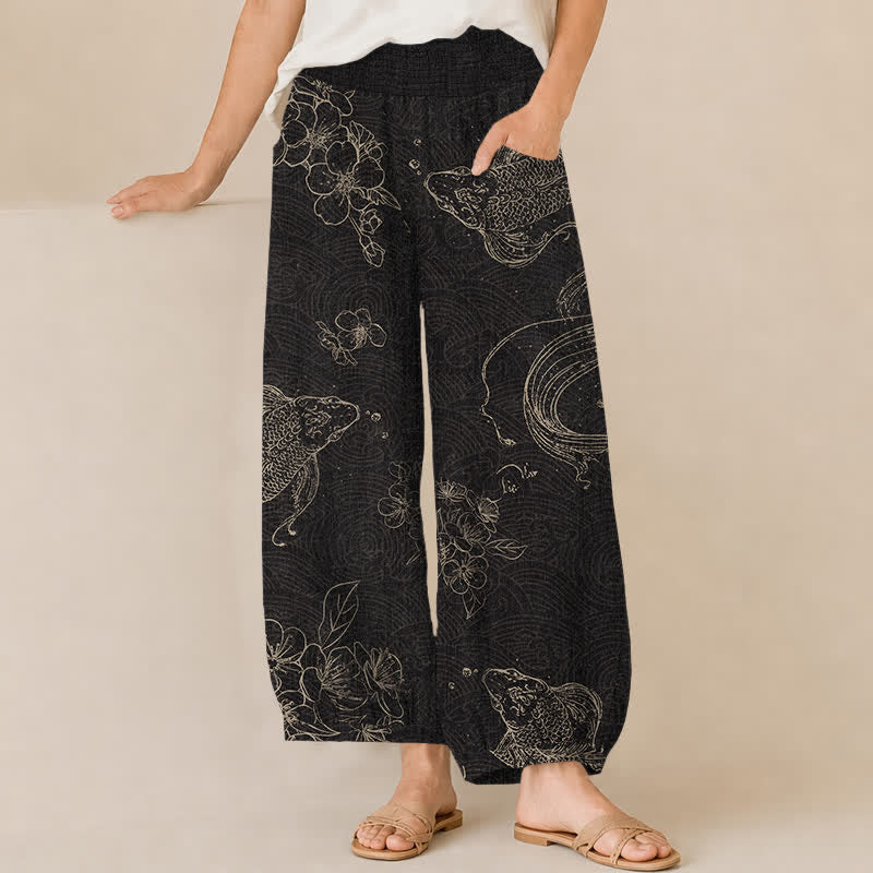Buddha Stones Pantaloni harem da donna in cotone vintage con stampa floreale e pesci koi, plissettati e vita elasticizzata, con tasche. - Nero - US16, UK/AU20, EU48 (3XL) - image 0