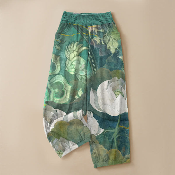 Buddha Stones Pantaloni harem da donna in cotone bianco con motivo a fiori di loto, plissettati e vita elasticizzata, con tasche. - image 3